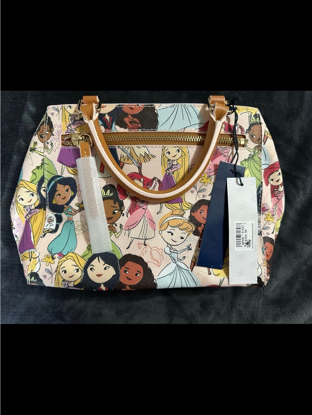 Dooney & Bourke Multicolor Cartoon Princess Satchel with Tan Handles